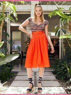 Modcloth Barbie Womens Red Orange Posh for Picnic High Waist Midi Skirt Size 8